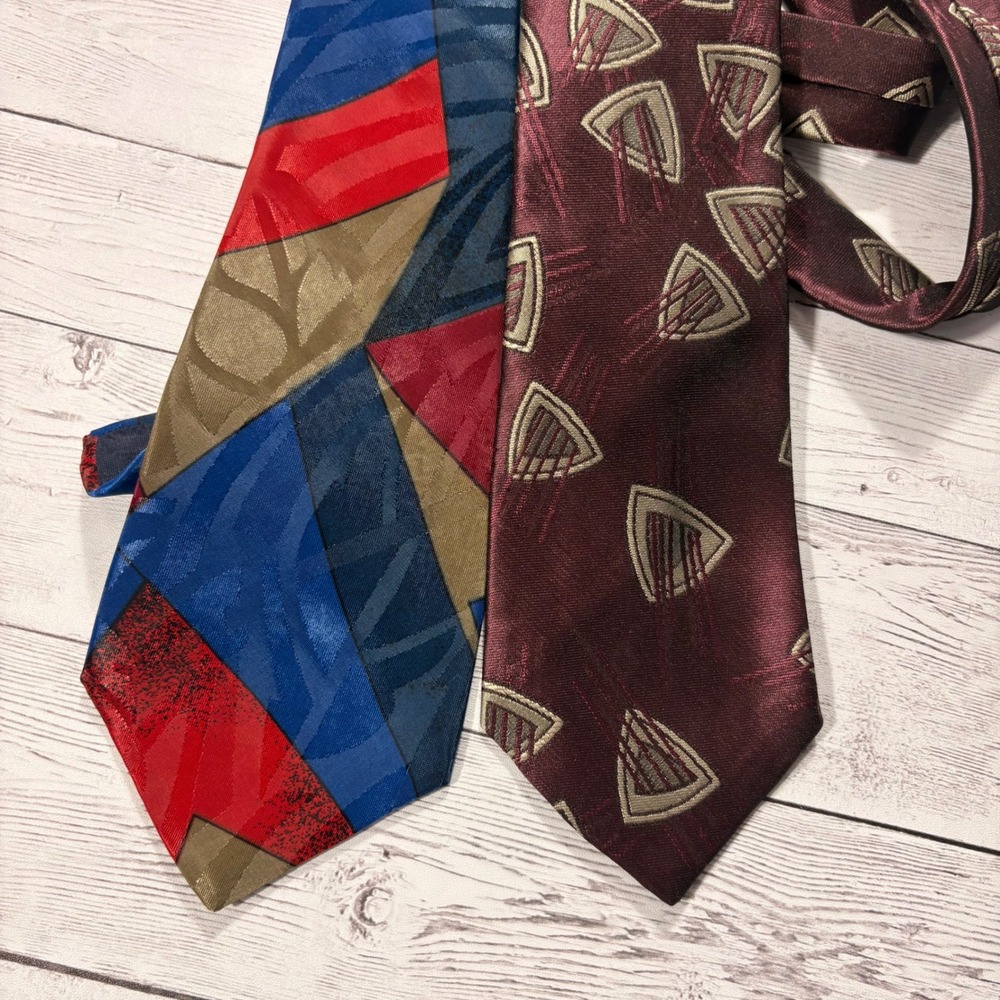 Surrey Classics Mens Necktie Lot 2 Burgundy Harp Silk Blend Blue Geometric Retro